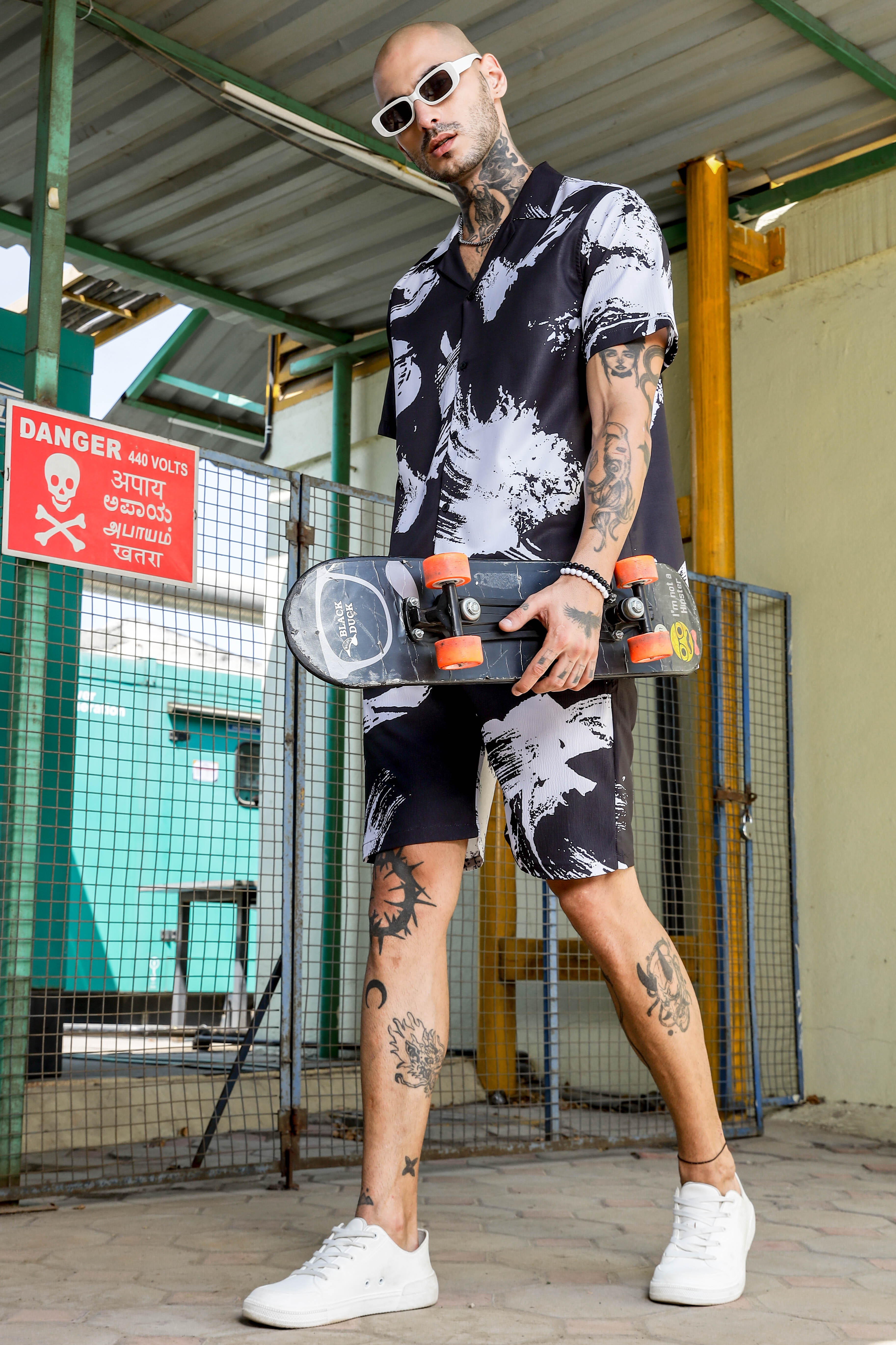 Black Abstract Printed Cuban Collar  Resort Shirt & Shorts Textured Co-ord Set