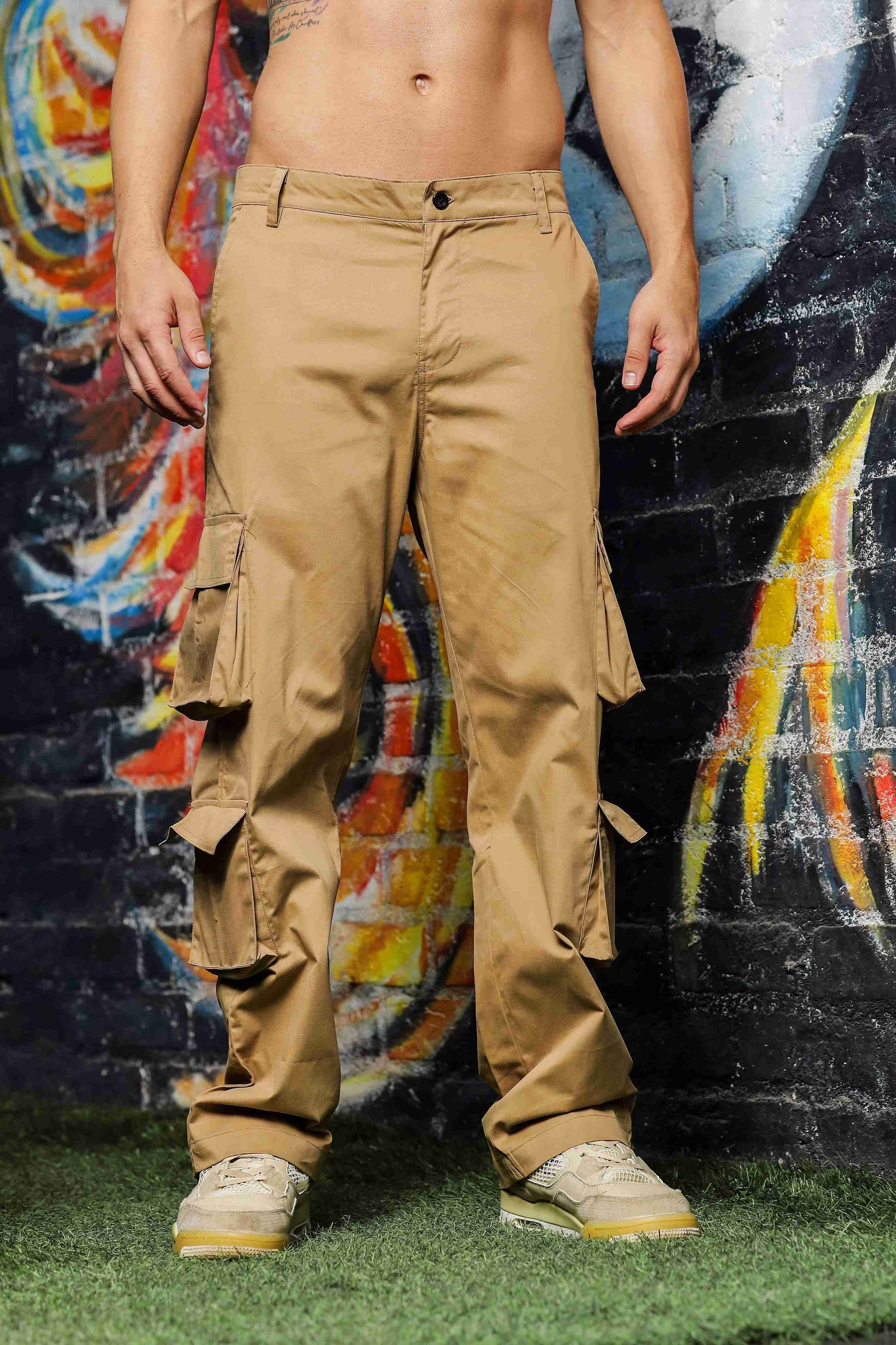 Unisex Baggy Fit Khaki 8-Pocket Cargo Trousers