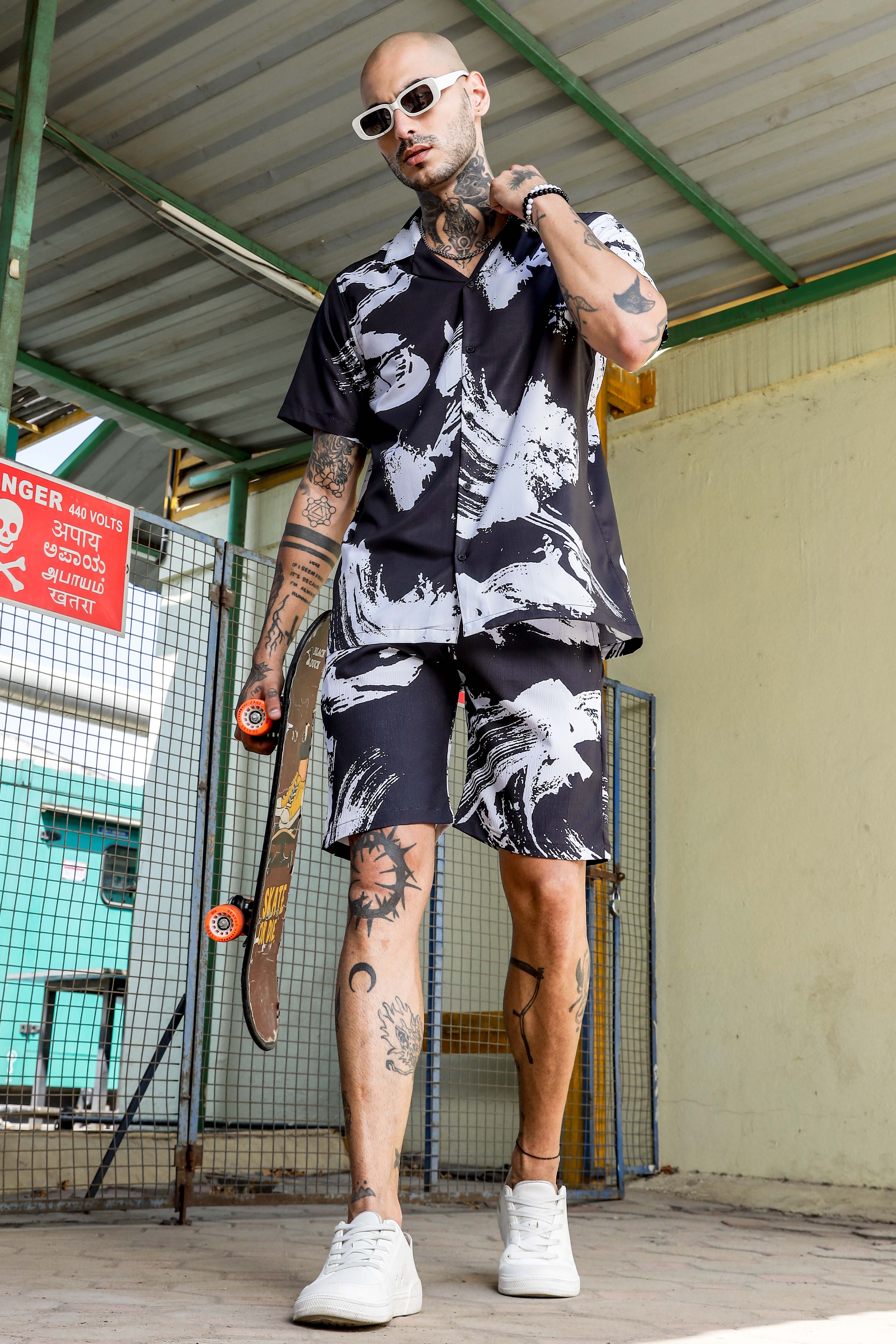 Black Abstract Printed Cuban Collar  Resort Shirt & Shorts Textured Co-ord Set