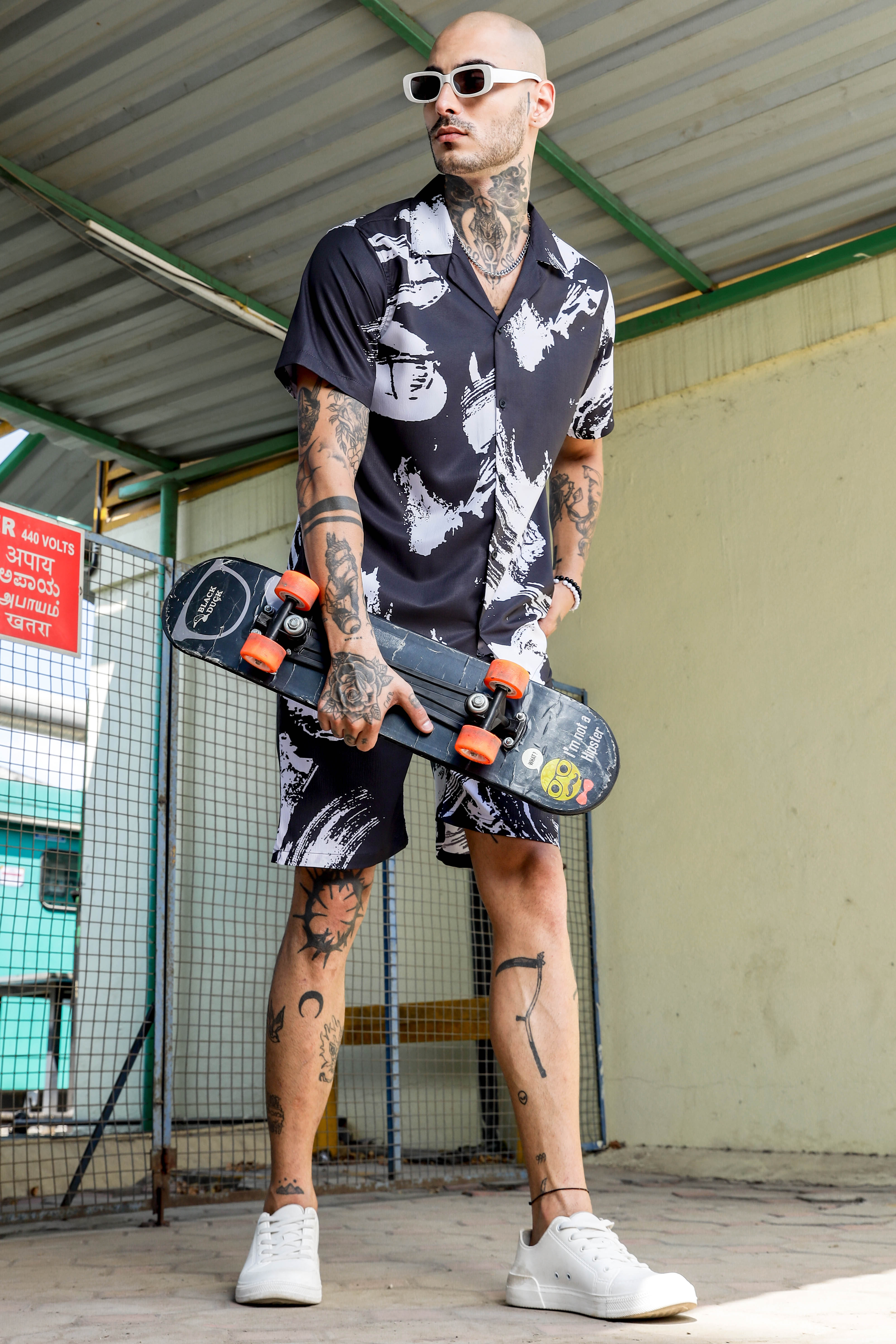 Black Abstract Printed Cuban Collar  Resort Shirt & Shorts Textured Co-ord Set
