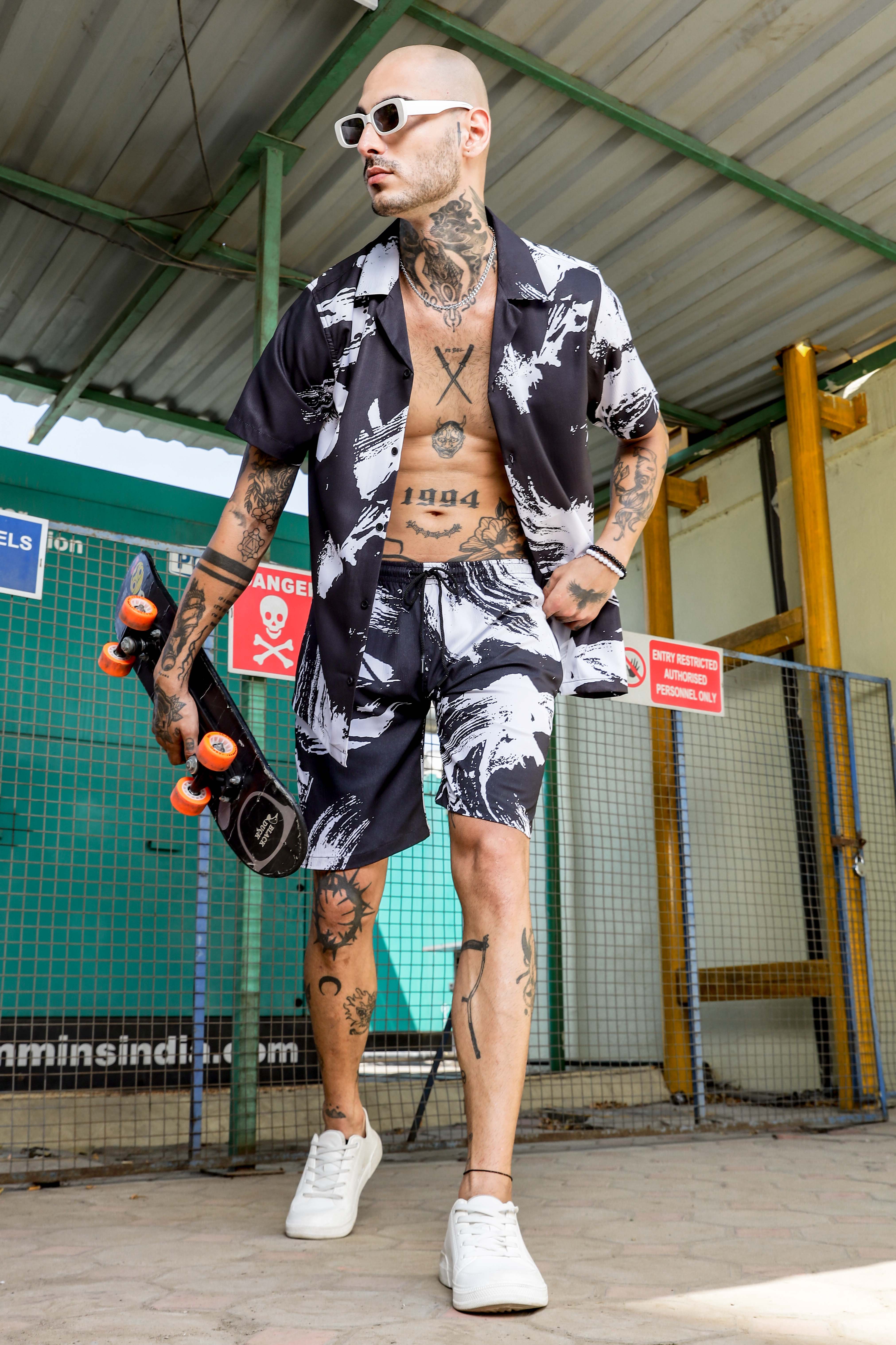 Black Abstract Printed Cuban Collar  Resort Shirt & Shorts Textured Co-ord Set