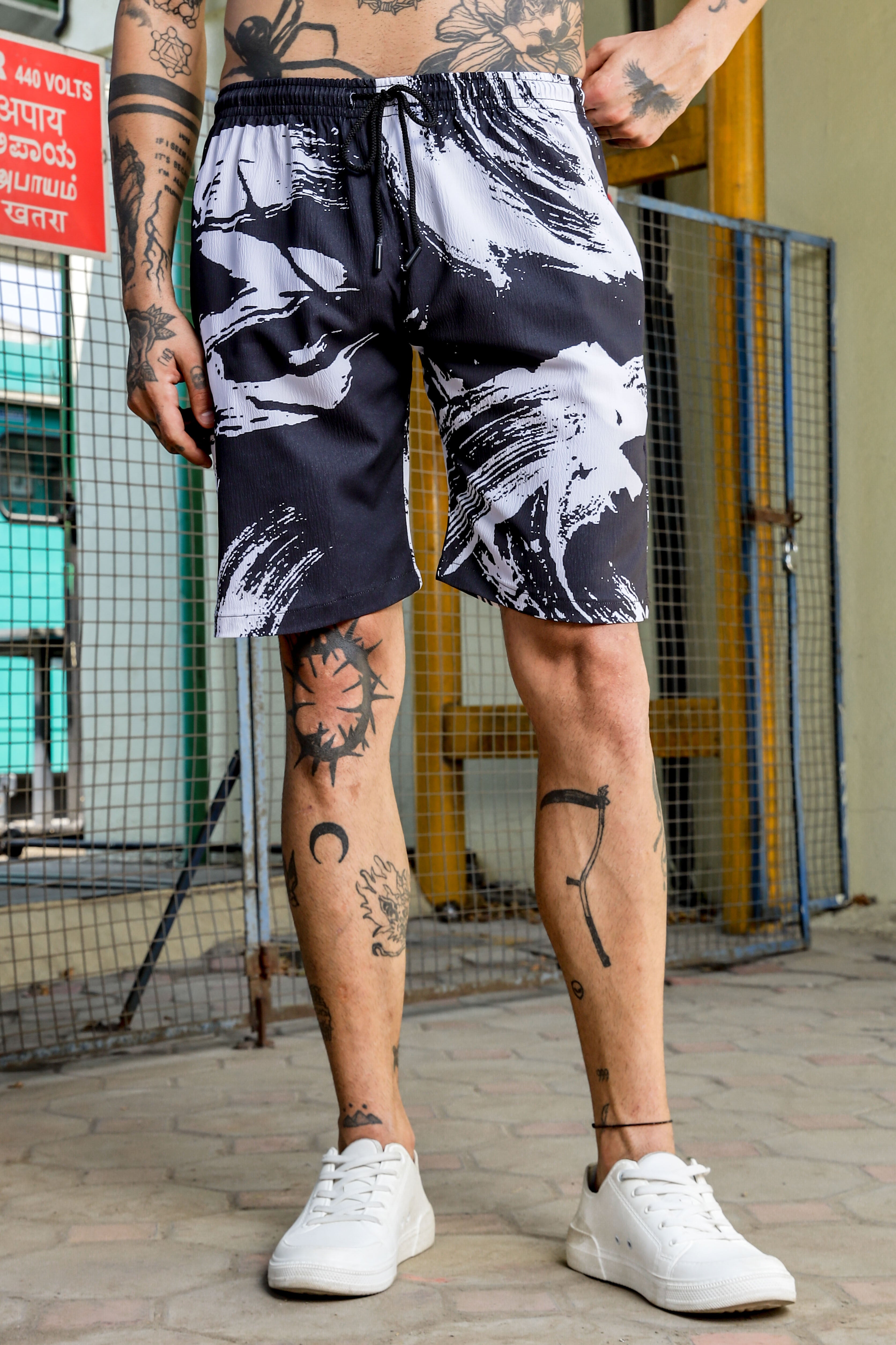 Black Abstract Printed Cuban Collar  Resort Shirt & Shorts Textured Co-ord Set