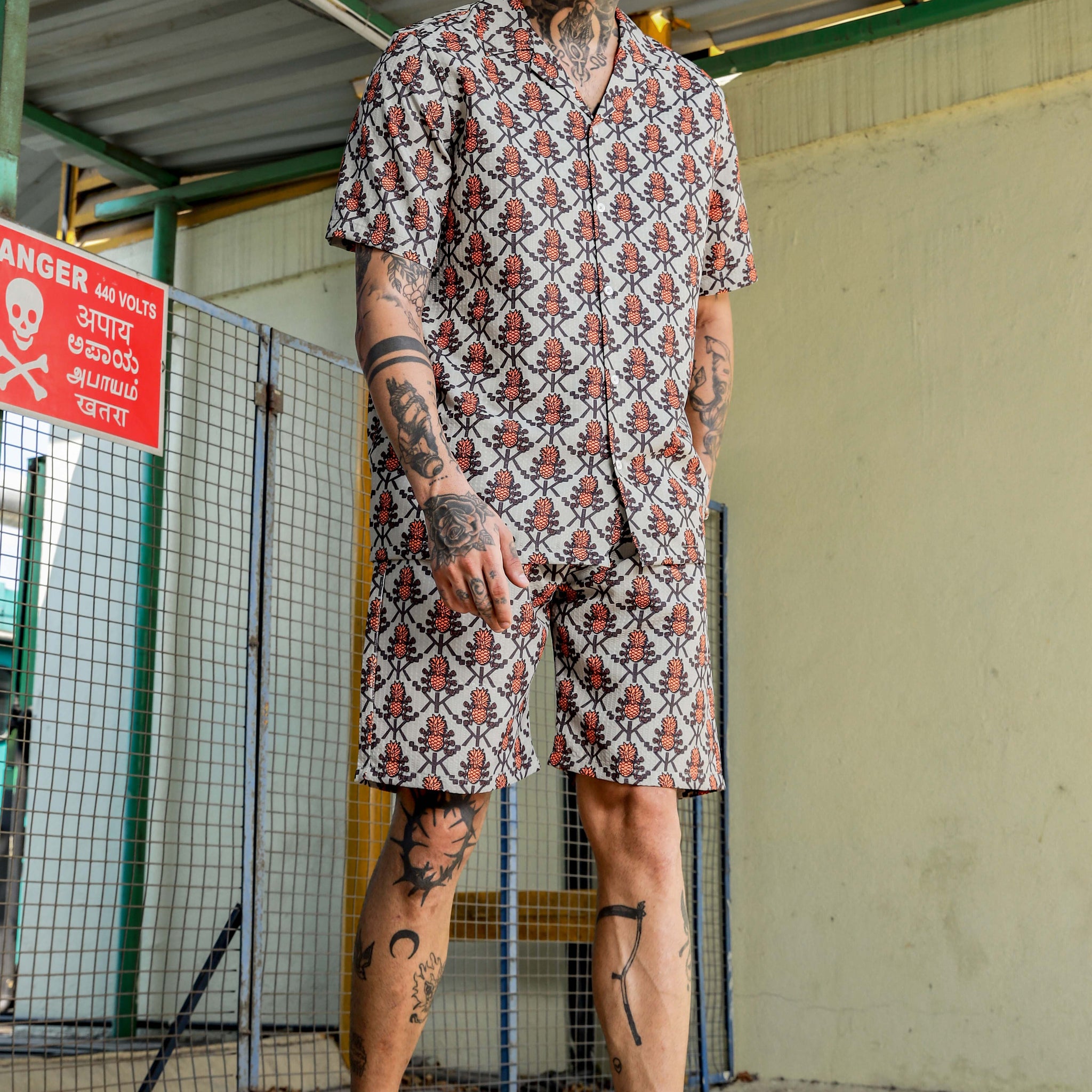 Beige Tropical Printed Cuban Collar Resort Shirt & Shorts Textured Co-ord Set