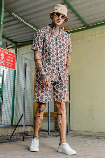 Beige Tropical Printed Cuban Collar Resort Shirt & Shorts Textured Co-ord Set