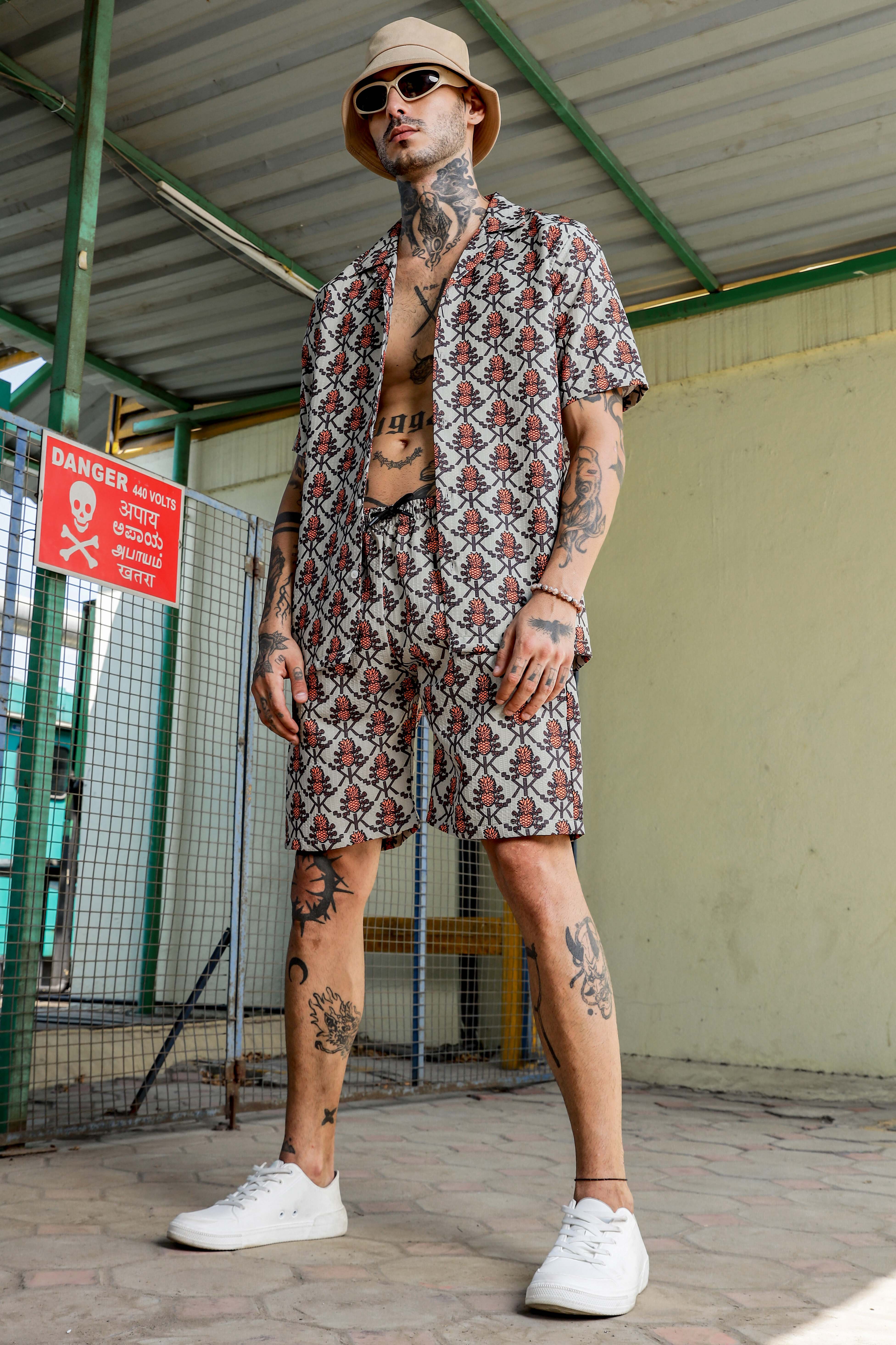 Beige Tropical Printed Cuban Collar Resort Shirt & Shorts Textured Co-ord Set