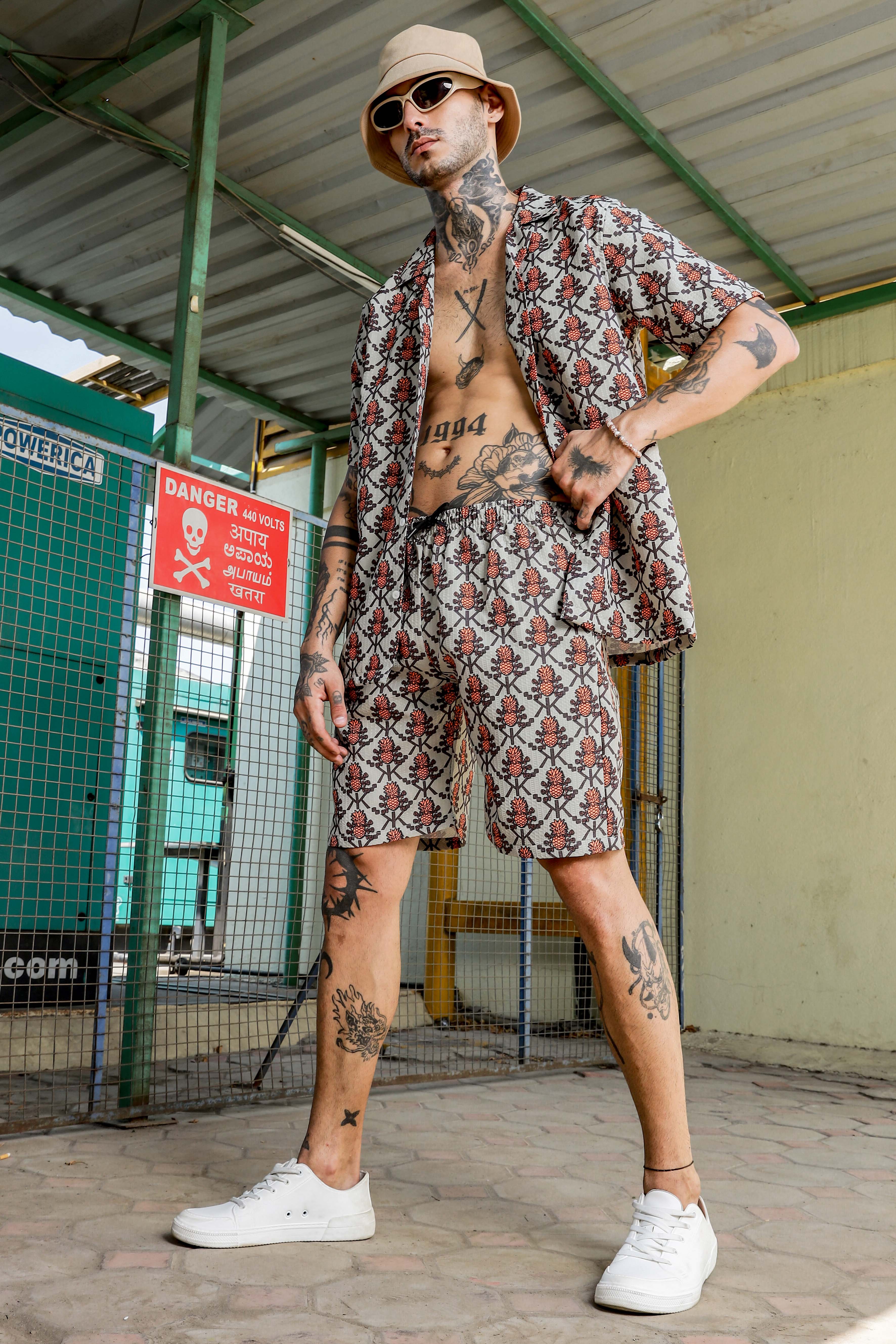 Beige Tropical Printed Cuban Collar Resort Shirt & Shorts Textured Co-ord Set