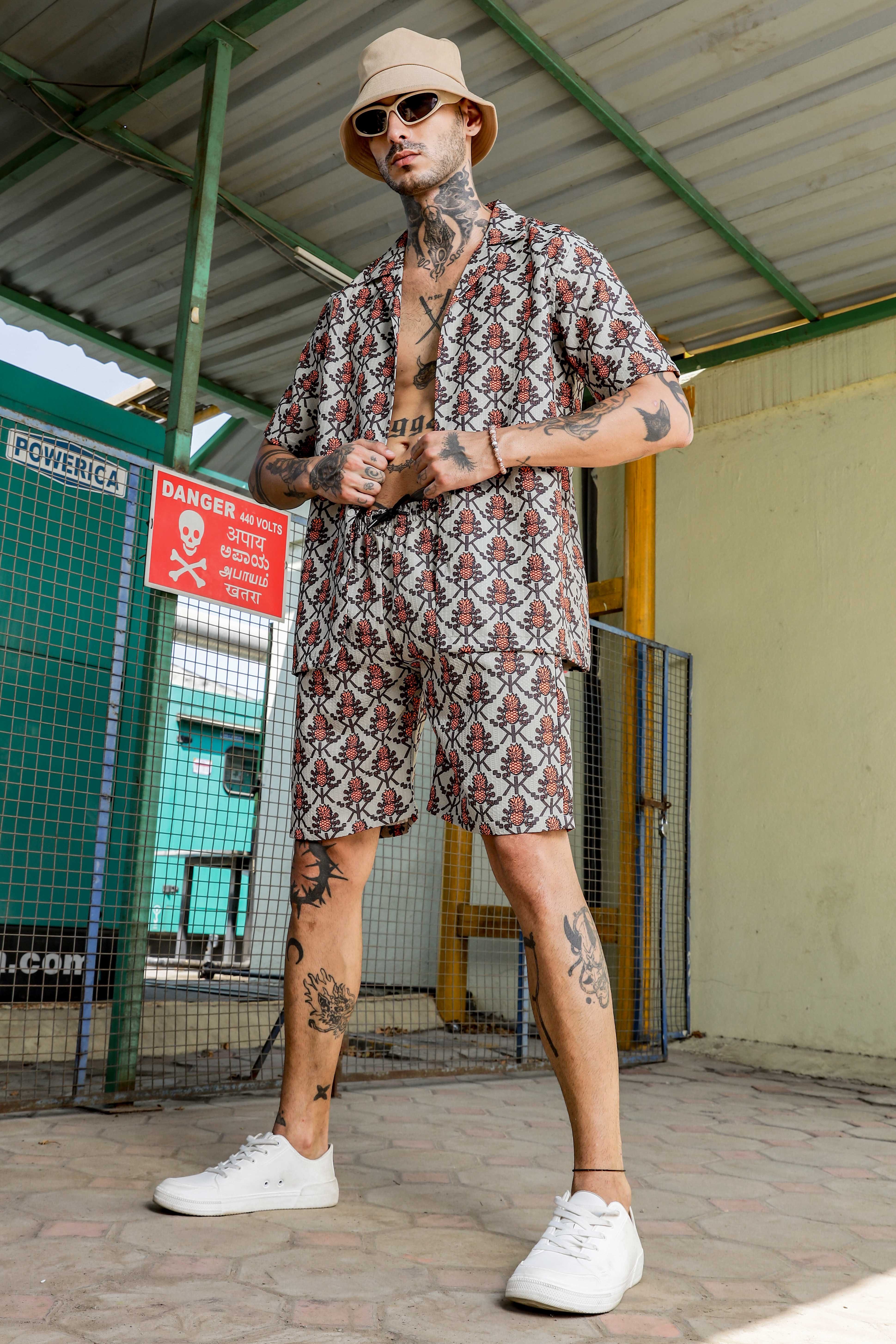 Beige Tropical Printed Cuban Collar Resort Shirt & Shorts Textured Co-ord Set