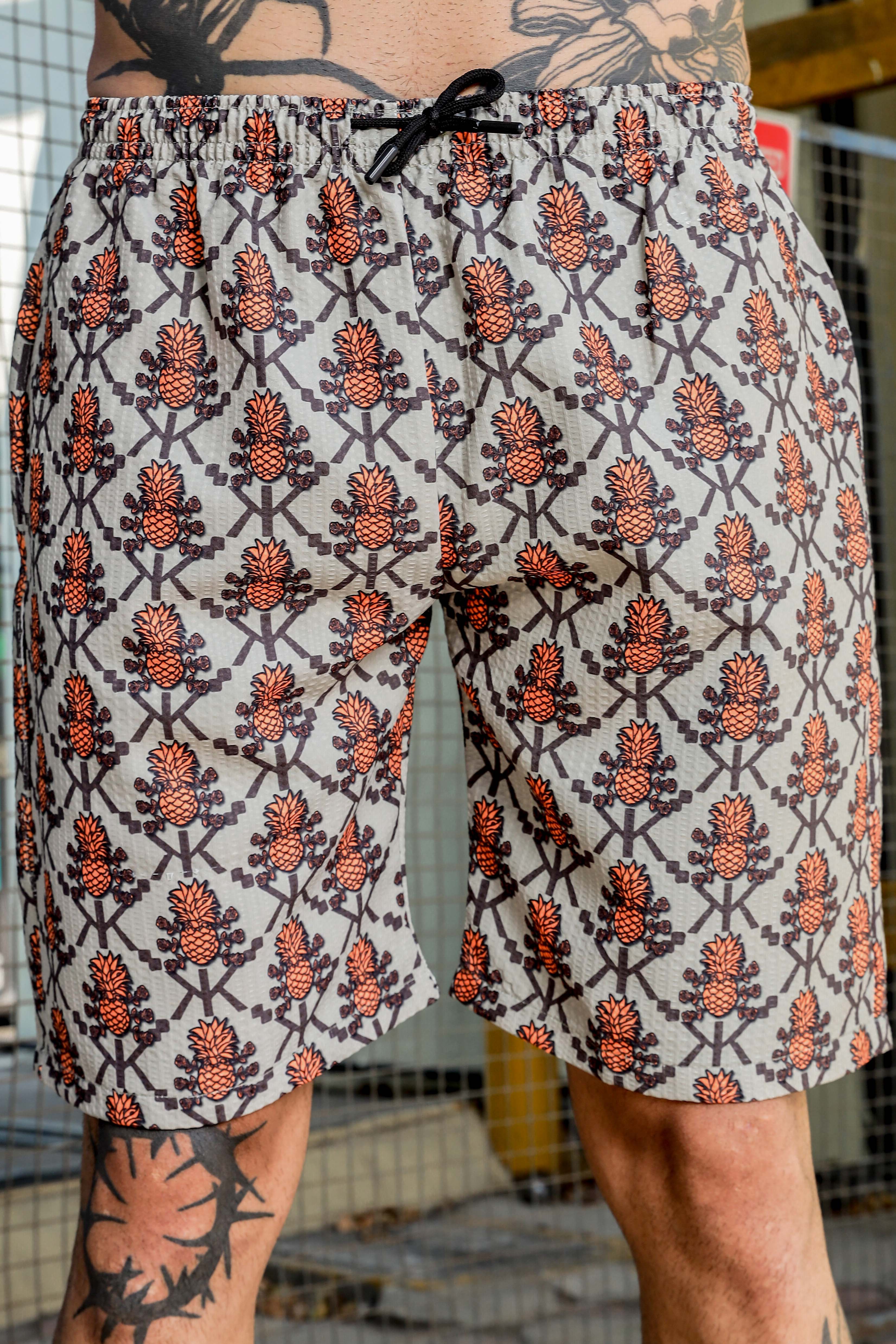 Beige Tropical Printed Cuban Collar Resort Shirt & Shorts Textured Co-ord Set