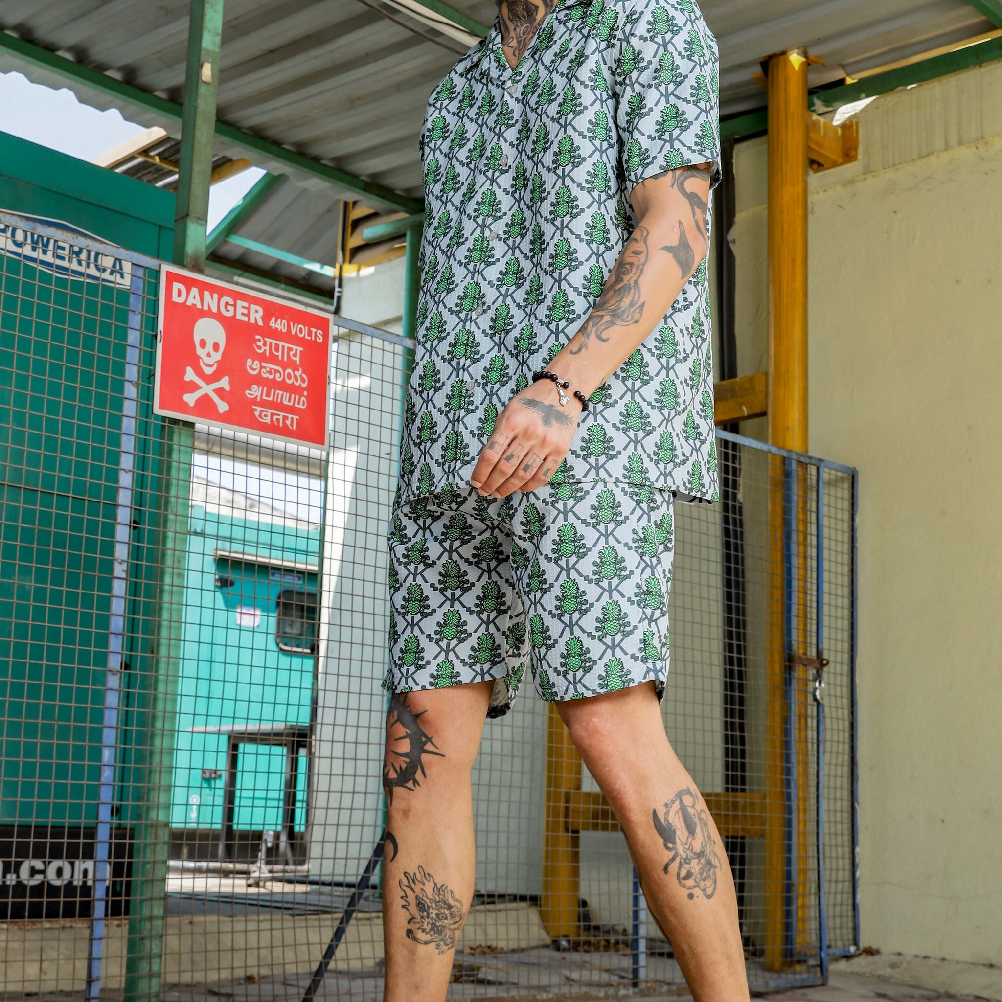 Green Pineapple Tropical Printed Cuban Collar Resort Shirt & Shorts Textured Co-ord Set