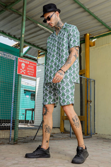 Green Pineapple Tropical Printed Cuban Collar Resort Shirt & Shorts Textured Co-ord Set