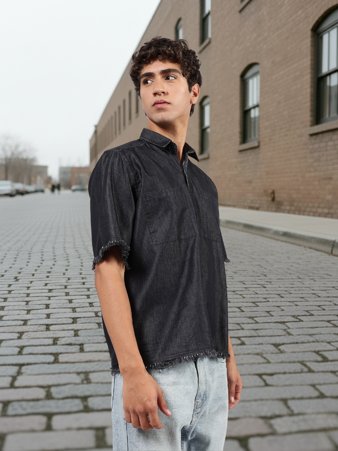 Black Raw Edge Oversized Box-Fit Spread Collar Premium Denim Shirt