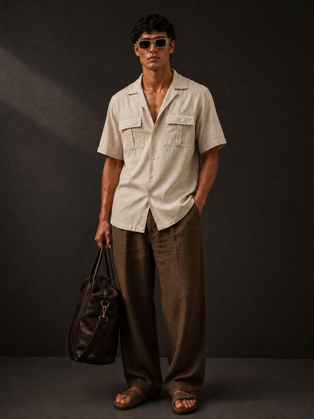 Linen Blend Beige Cuban Collar Classic Relaxed Fit Shirt