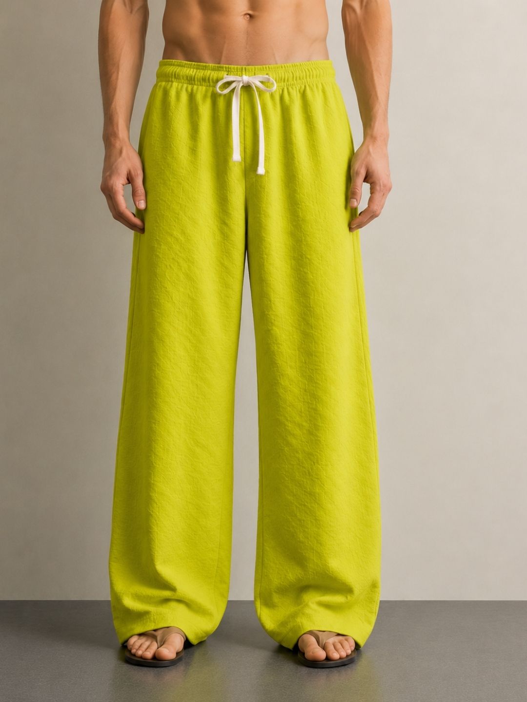 Neon Green Textured Relaxed-Fit Mid-Rise Korean Pant