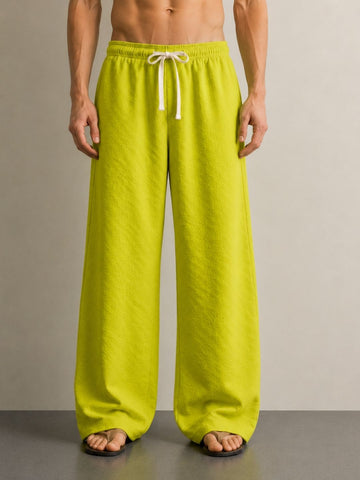 Neon Green Textured Relaxed-Fit Mid-Rise Korean Pant