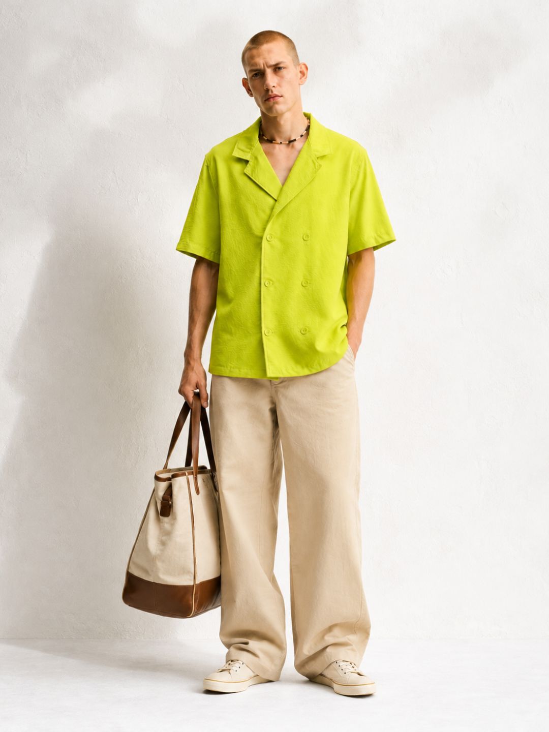 Lime Green Korean Notched Lapel Collar Relaxed Fit Resort Shirt