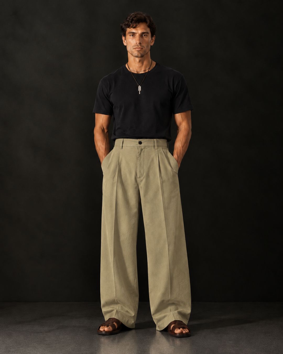 Beige Baggy fit Street Savvy Double Pleated Korean Trousers