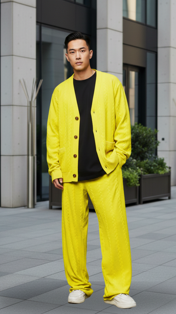 Neon Green Textured Oversized Heavy Duty Knit Cardigan &Trackpant Co-ord Set