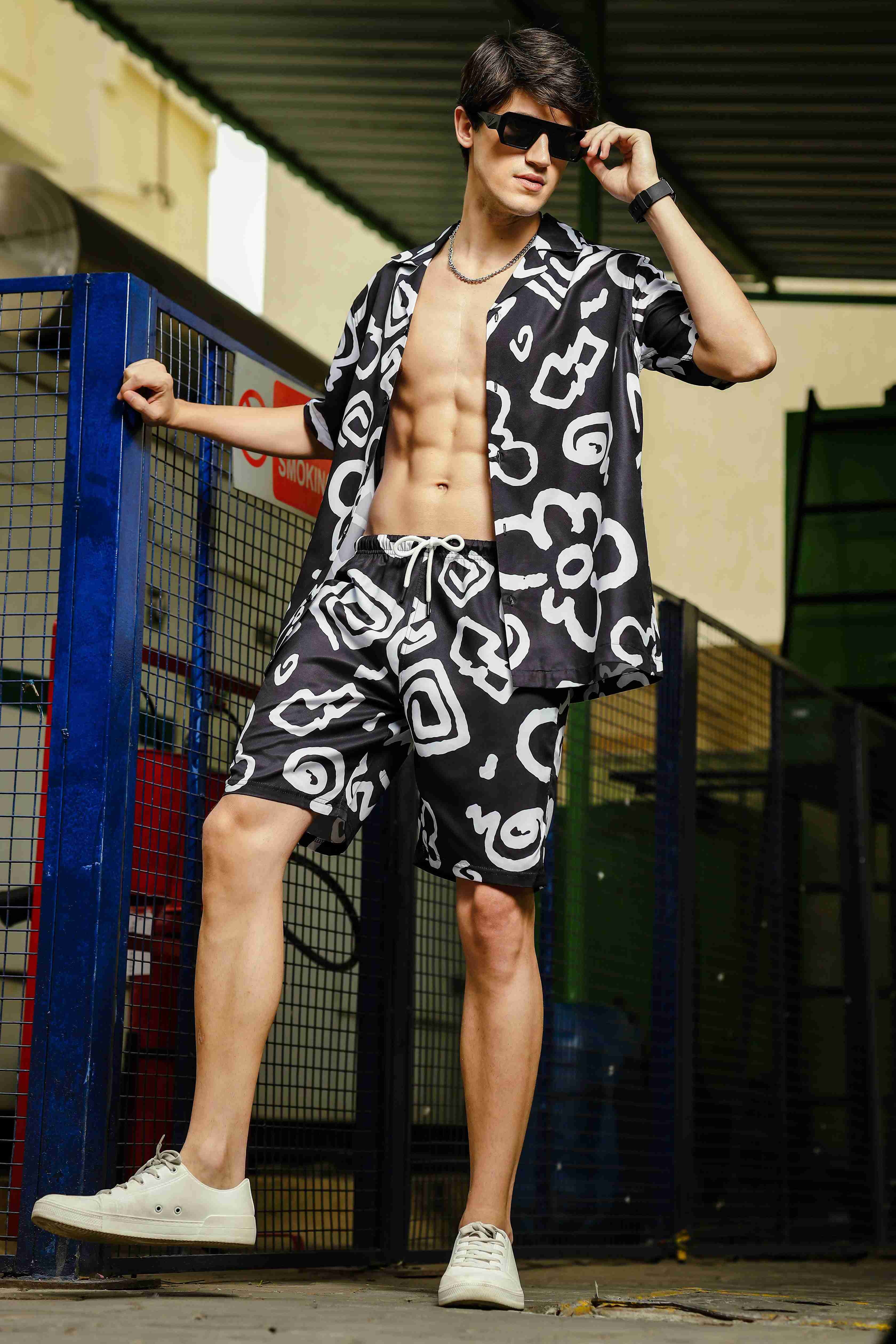 Black Abstract Printed Relaxed Fit Casual Shorts