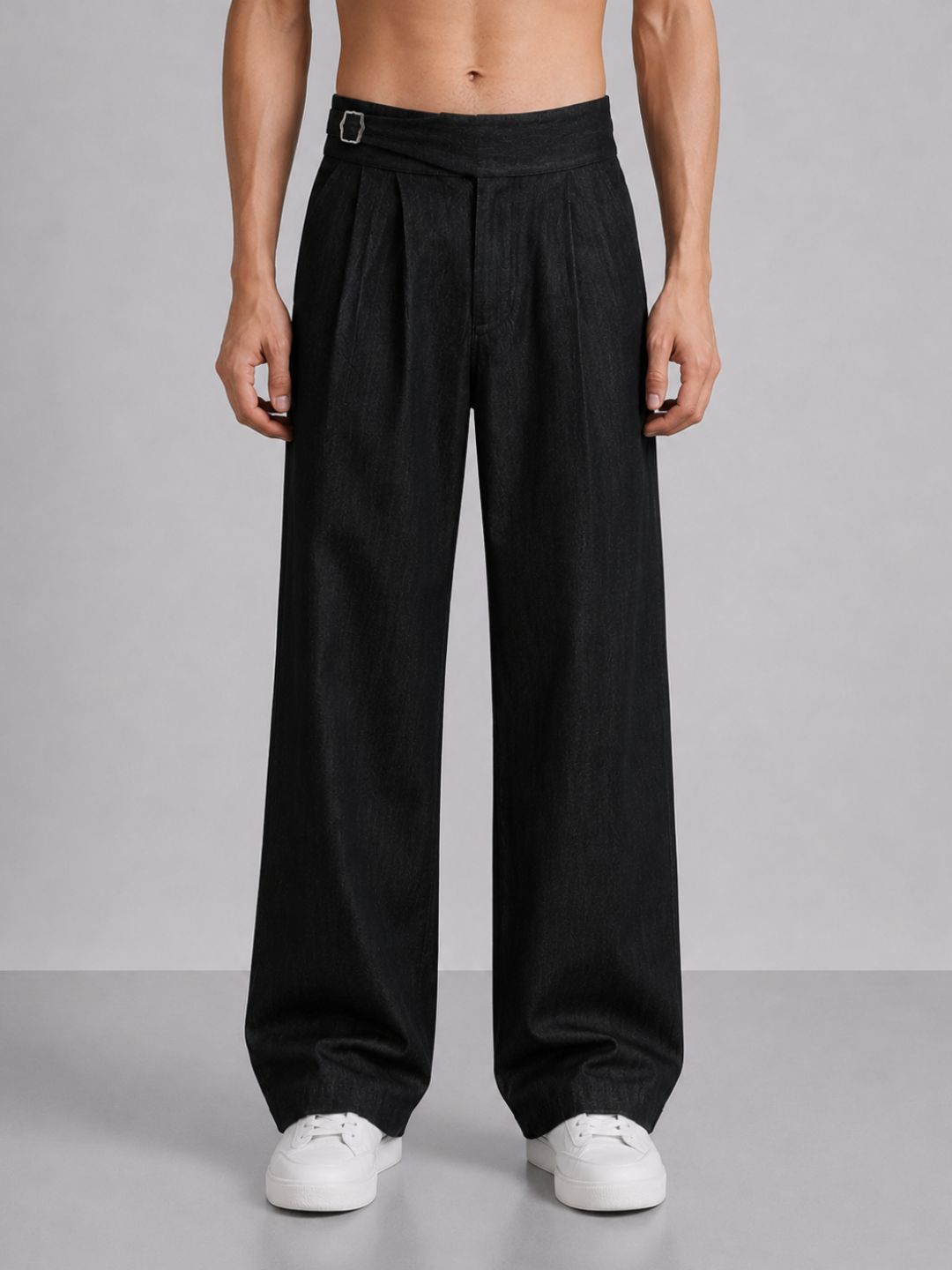 Black Premium Denim Gurkha Trousers with Double Pleated Front