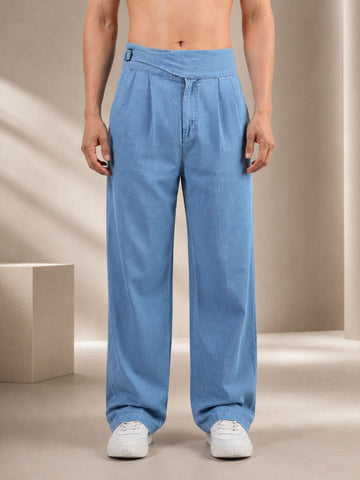 Blue Denim Baggy Fit Gurkha Trousers with Double Pleated Front