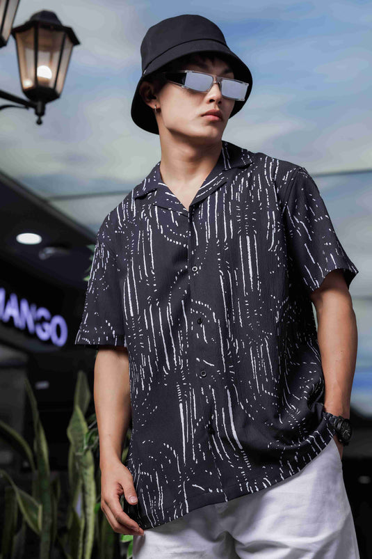 Black Abstract Printed Relaxed Fir Cuban Collar Resort Shirt