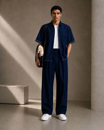 Co-Ord Set Navy Blue Premium Denim Gurkha Pant & Half Sleeve Shirt Relaxed Fit