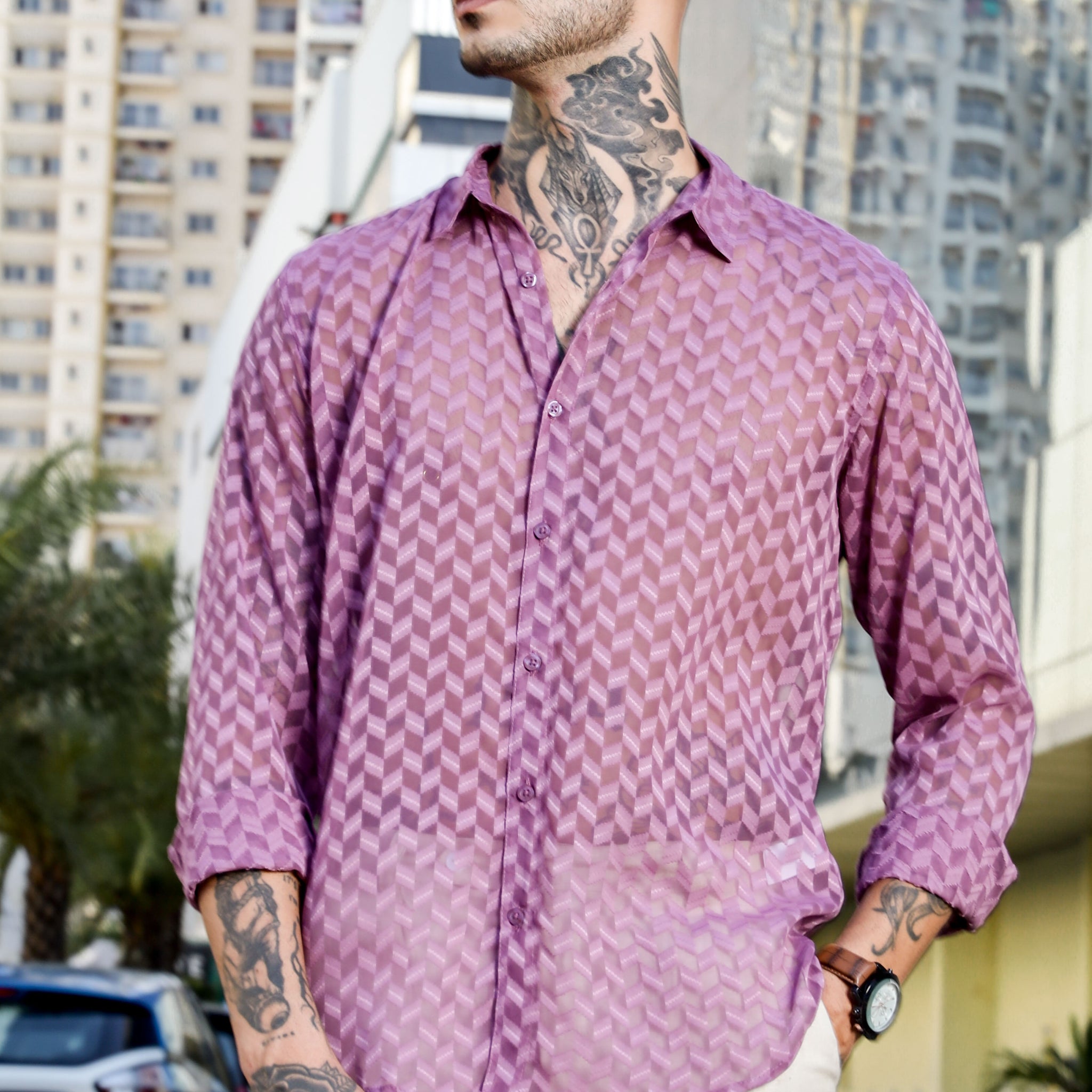 Lavender Classic Semi Sheer Georgette Relaxed Fit Shirt