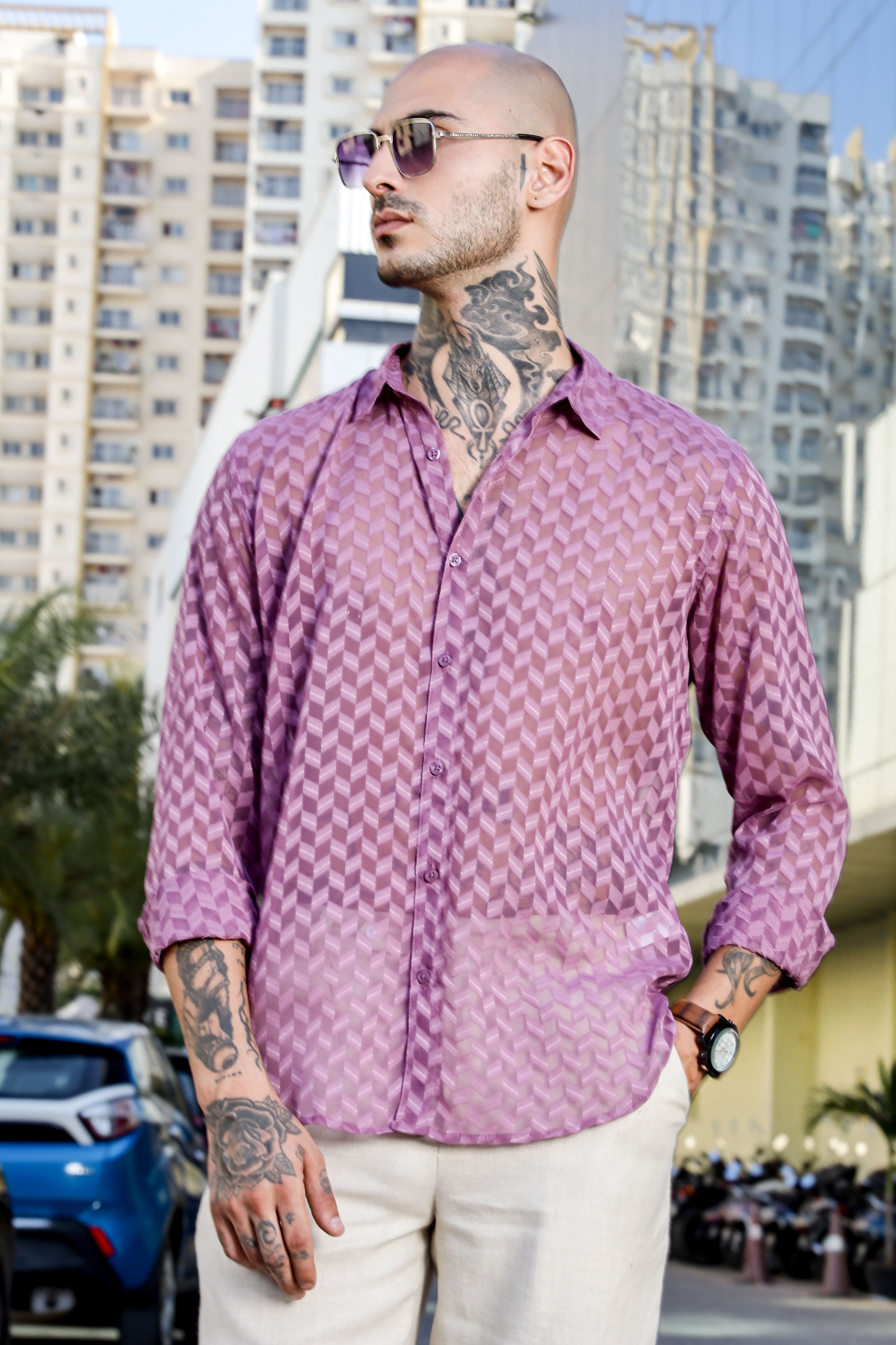 Lavender Classic Semi Sheer Georgette Relaxed Fit Shirt