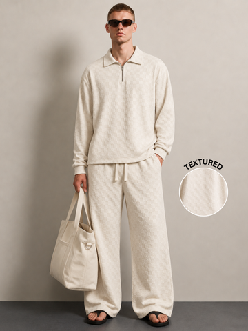 Off-White Textured Oversized Full Sleeve Polo Neck Tee & Trackpant Co-ord Set
