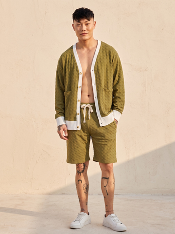Unisex Olive Textured Cardigan Style T-Shirt & Shorts Co-ord Set