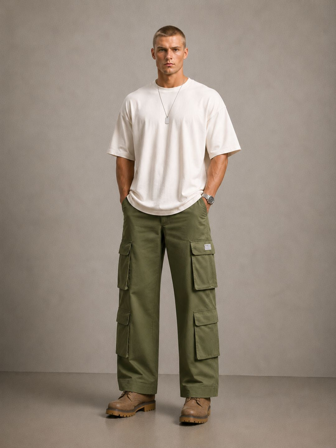 Olive Baggy fit 8 Pocket Streetwear Pure Cotton Cargo Trousers