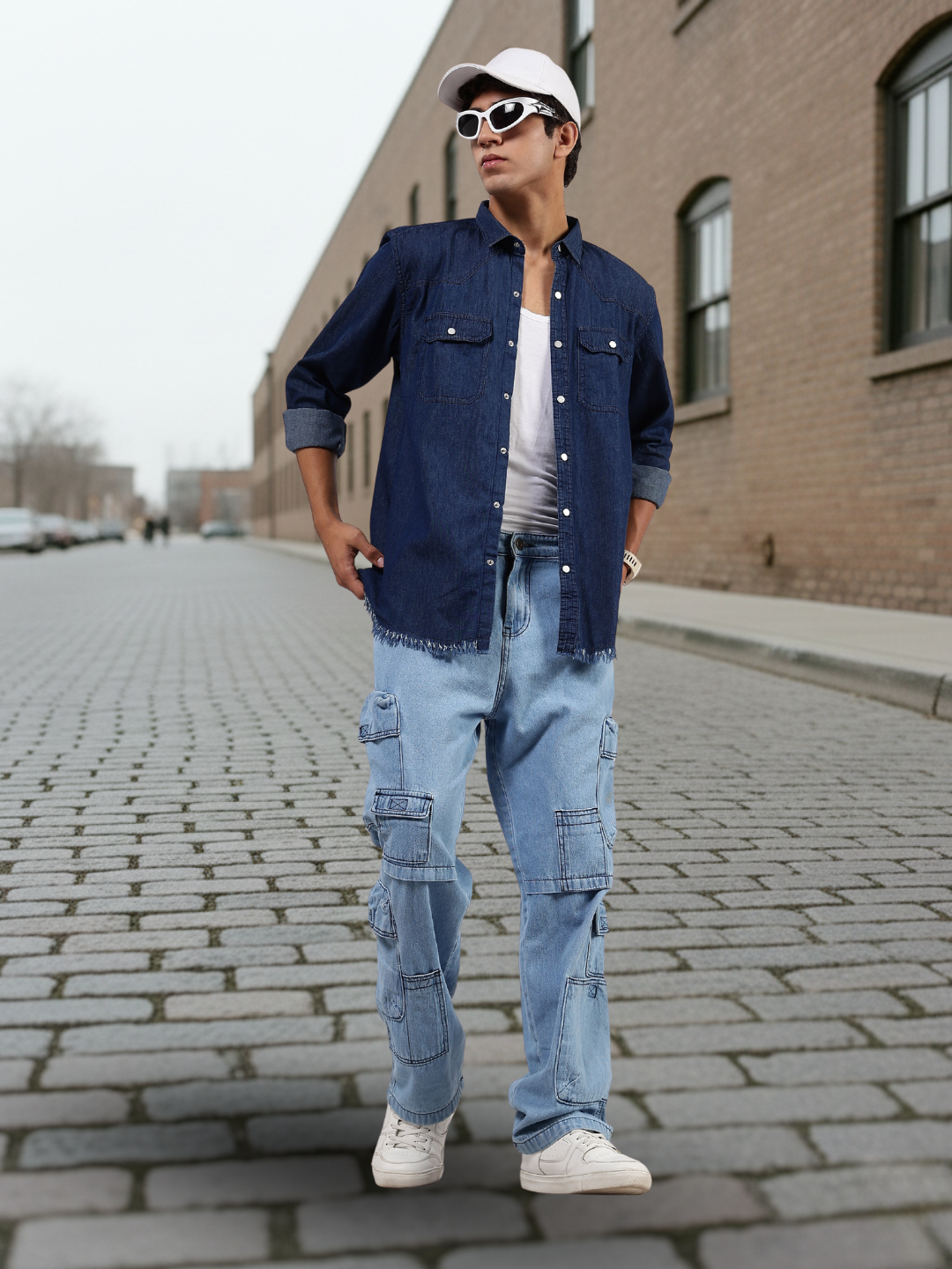Navy Blue Raw Edge Oversized Relaxed Fit Spread Collar Premium Denim Shirt