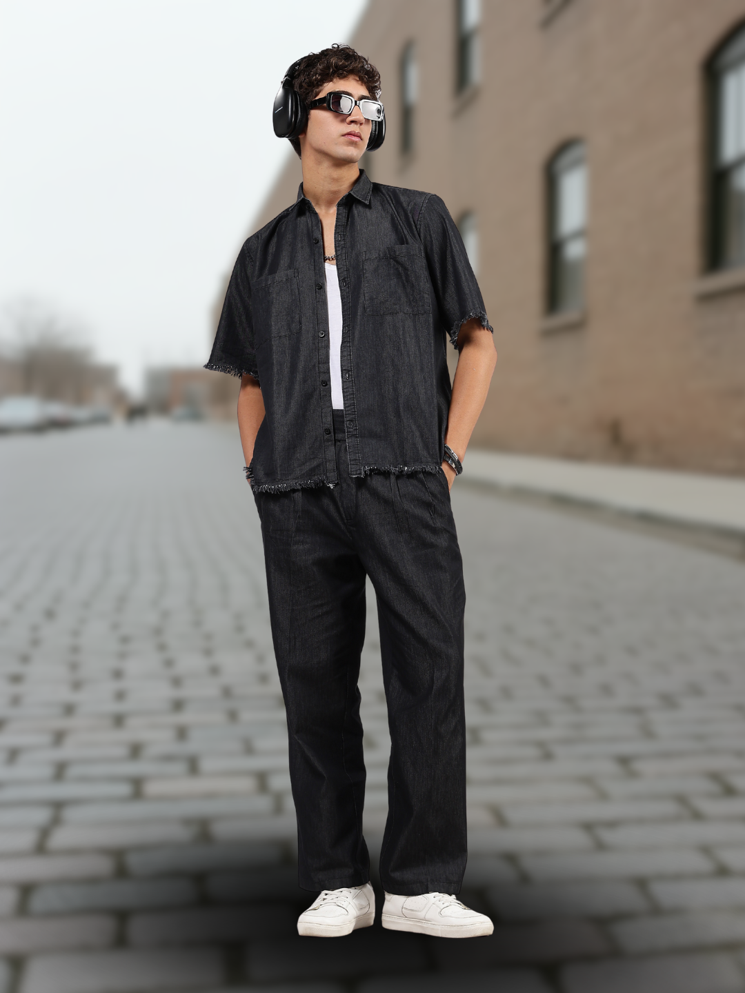 Co-Ord Set Black Premium Denim Gurkha Pant & Half Sleeve Shirt Relaxed Fit