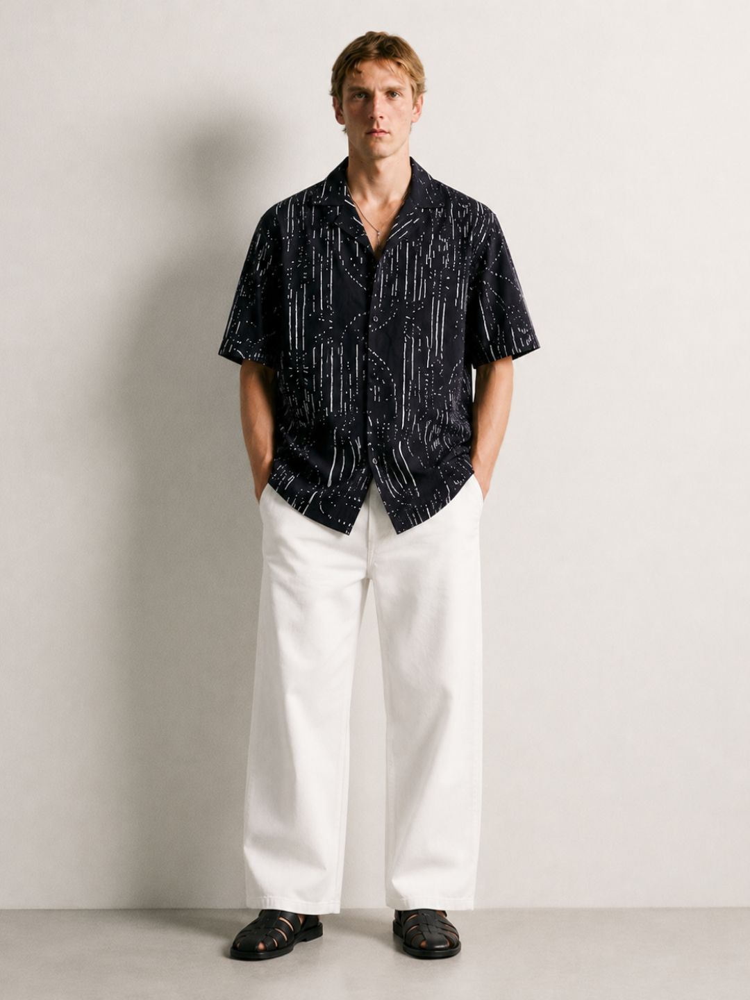 Black Abstract Printed Cuban Collar Relaxed Fit Resort Shirt