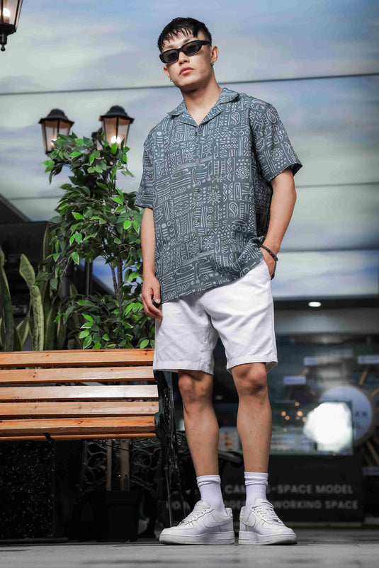 Abstract Tribal Print Cuban Collar Relaxed Fit Resort Shirt