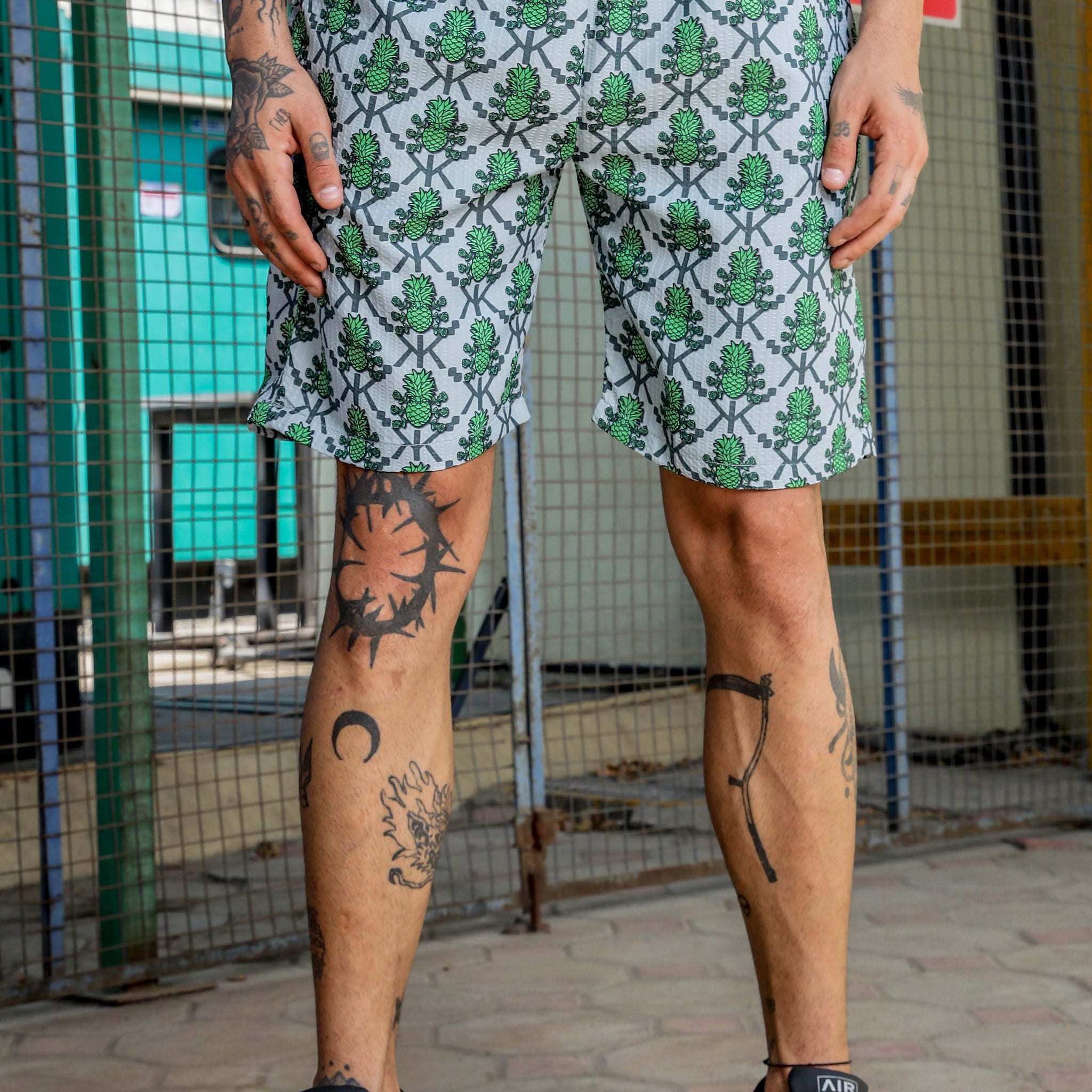 Unisex Green Pineapple Printed and Textured Relaxed Fit Shorts