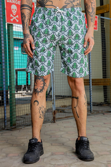 Unisex Green Pineapple Printed and Textured Relaxed Fit Shorts