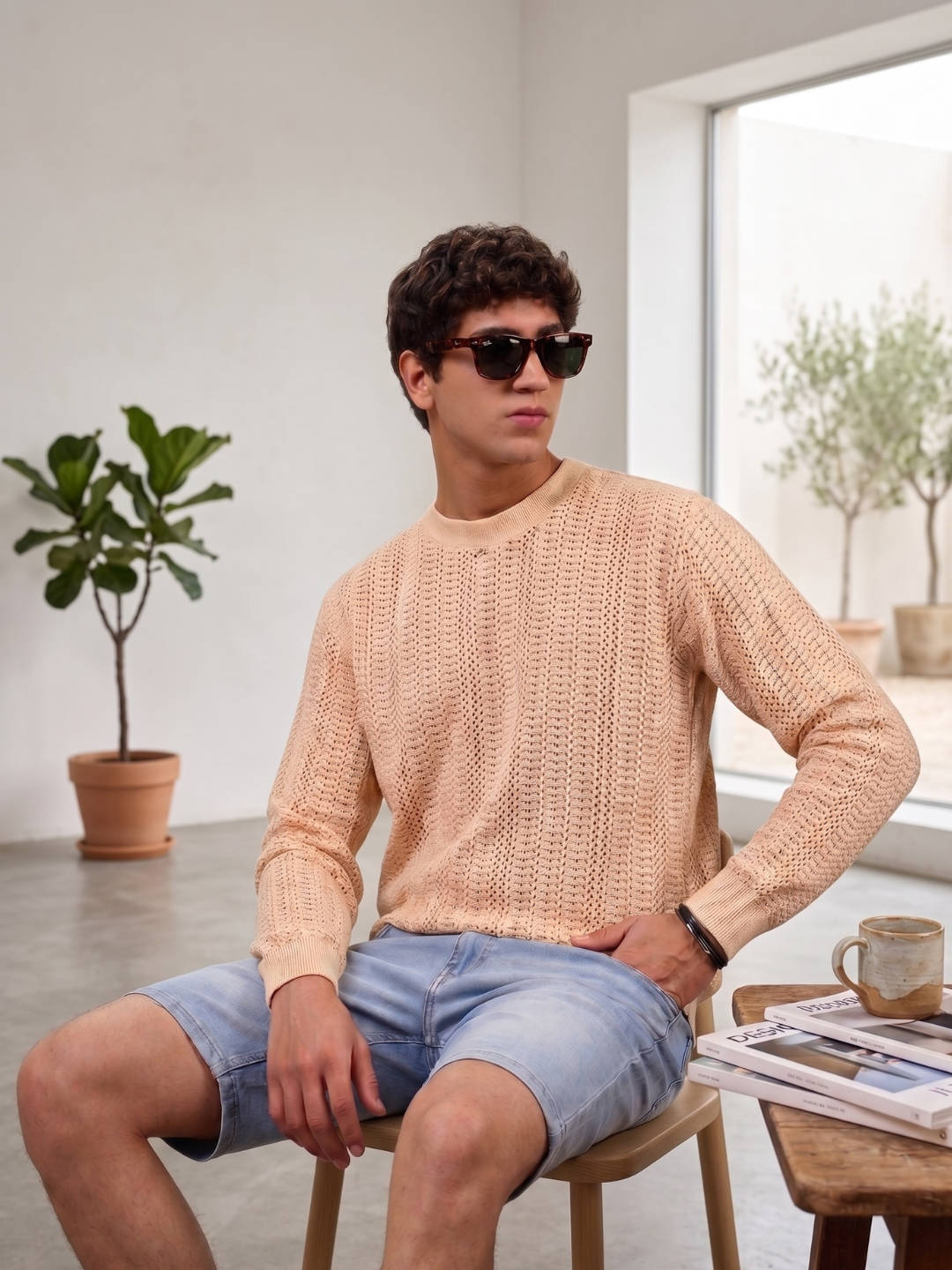 Beige Oversized Fit Premium Pure Cotton Crochet T-Shirt