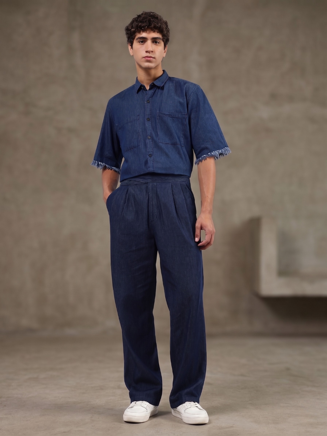 Co-Ord Set Navy Blue Premium Denim Gurkha Pant & Half Sleeve Shirt Relaxed Fit