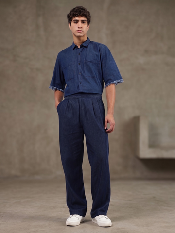 Co-Ord Set Navy Blue Premium Denim Gurkha Pant & Half Sleeve Shirt Relaxed Fit