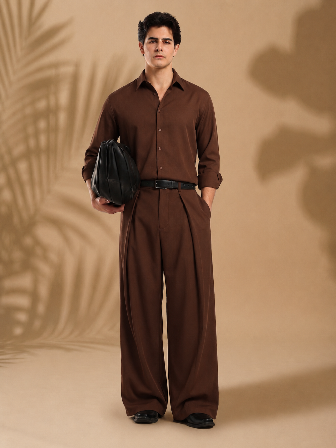 Brown Wide Leg Samurai Trousers with Pleated Front