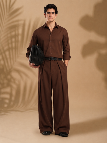 Brown Wide Leg Samurai Trousers with Pleated Front