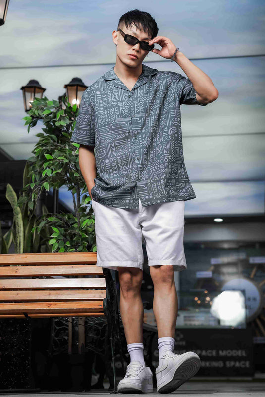 Abstract Tribal Print Cuban Collar Relaxed Fit Resort Shirt
