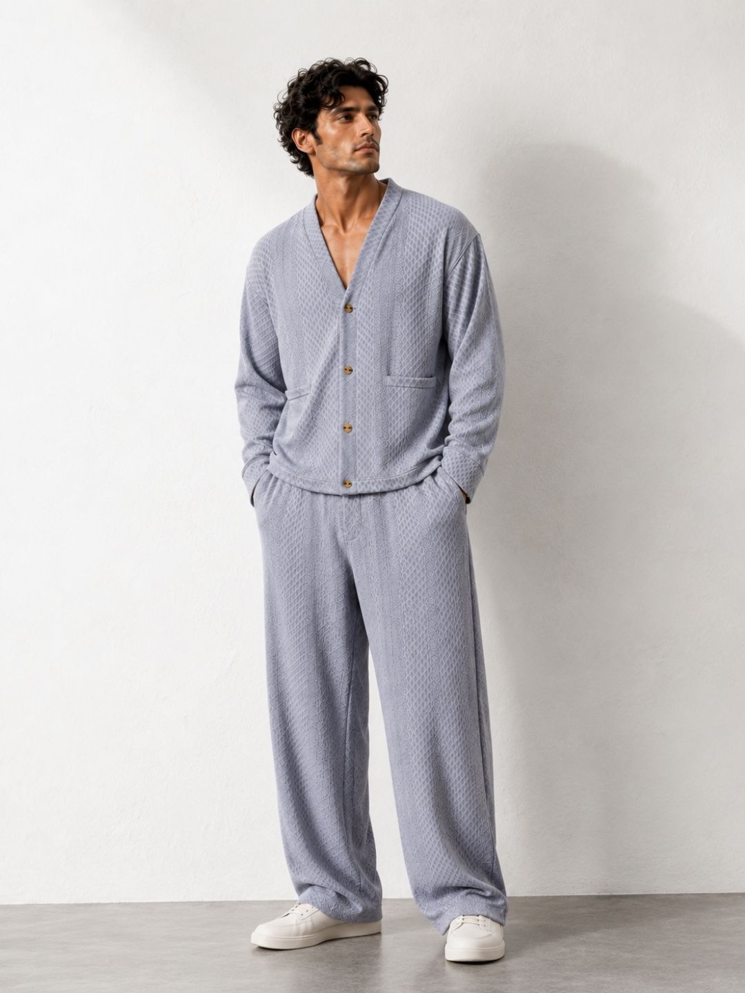 Grey Textured Oversized Full Sleeve Cardigan/Shawl Neck Tee & Trackpant Co-ord Set