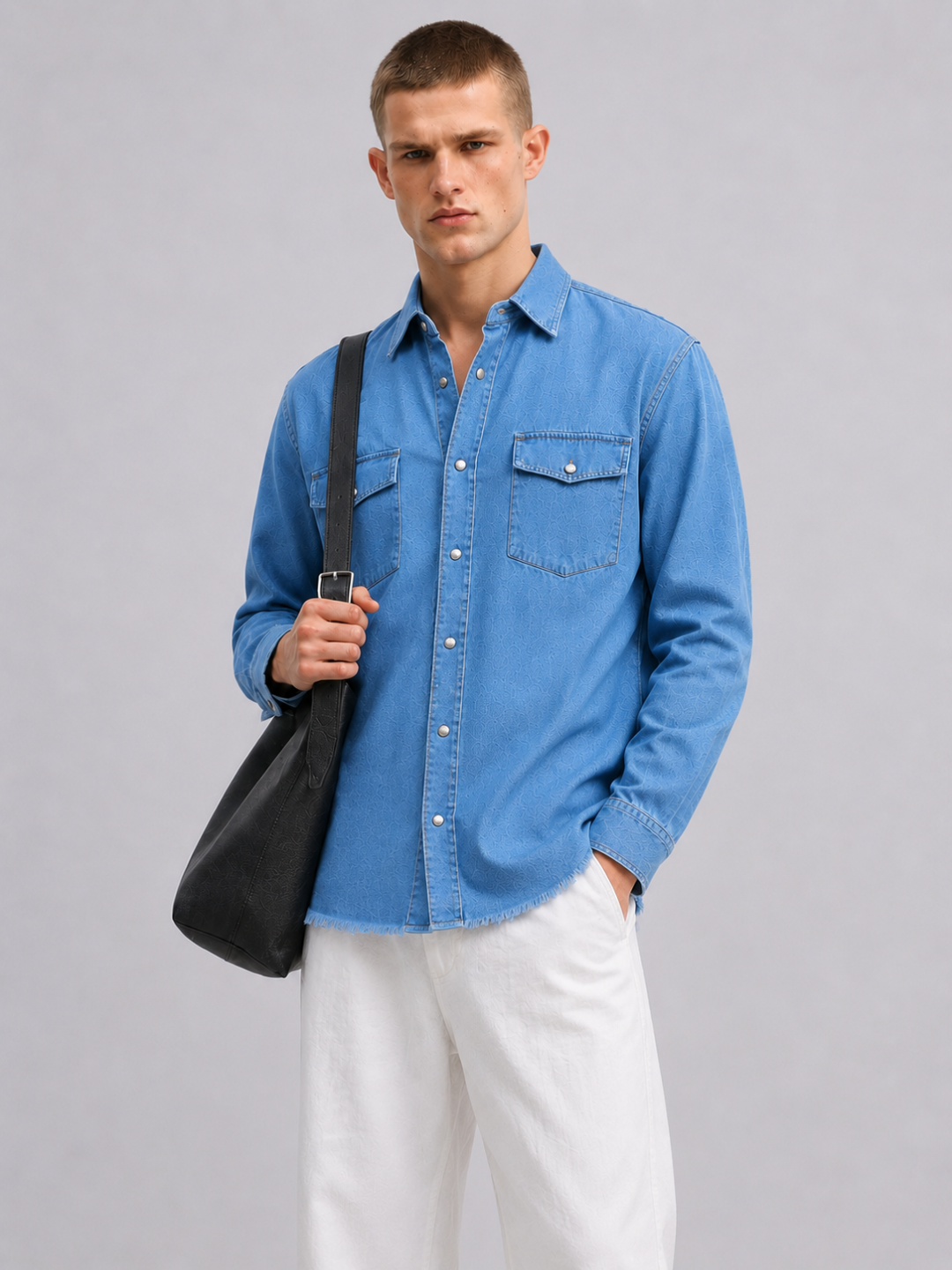 Blue Denim Raw Edge Oversized Relaxed Fit Spread Collar Premium Shirt