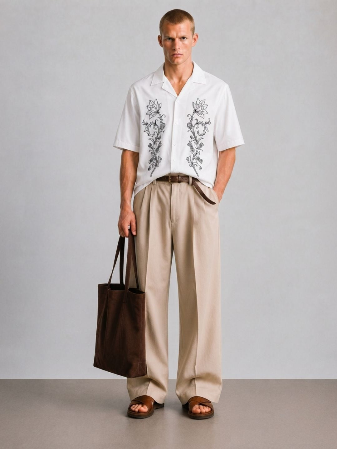 White Embroidered Relaxed Fit Oversized Half Sleeve Casual Resort Shirt