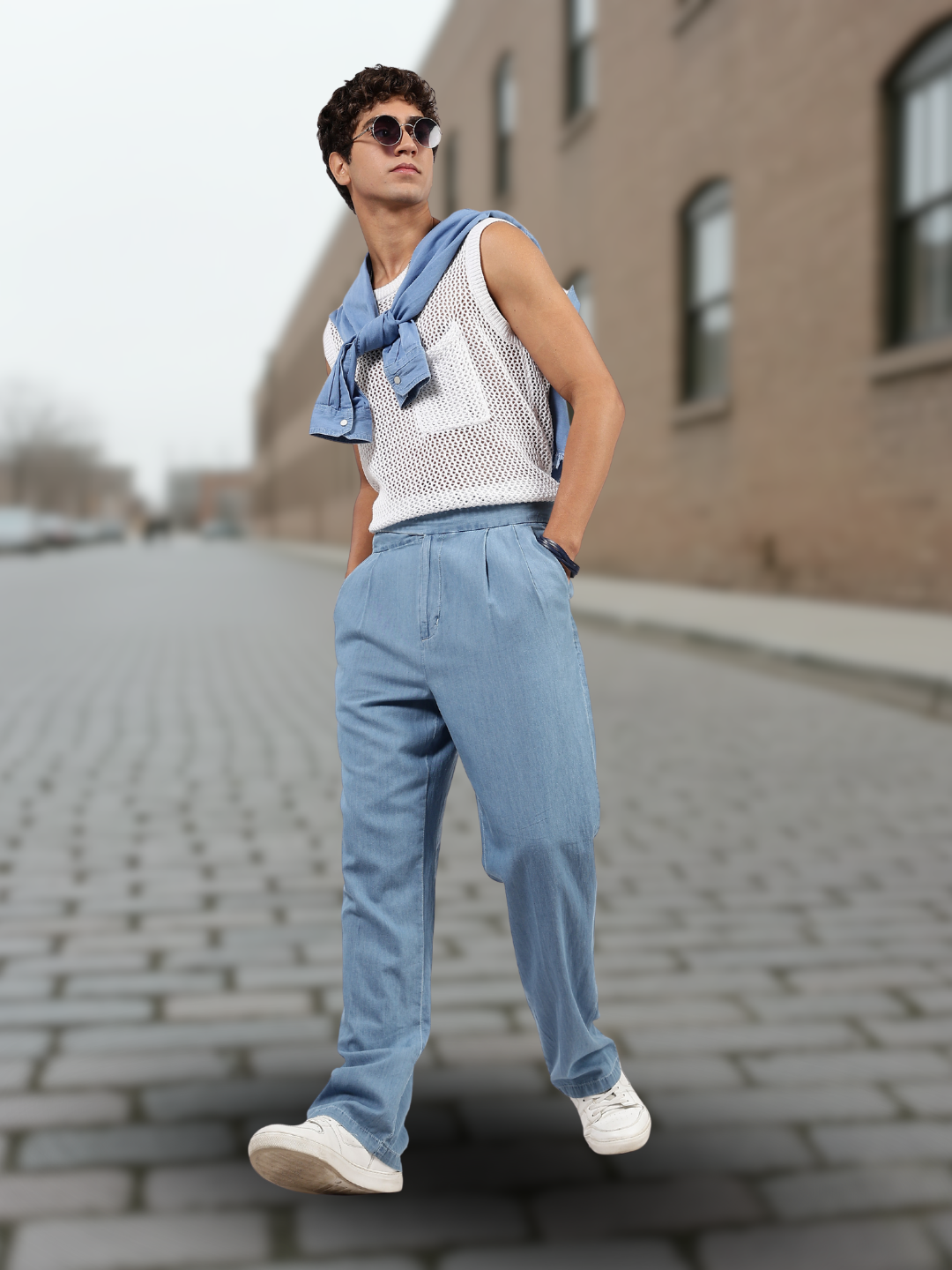 Light Blue Premium Denim Gurkha Trousers with Double Pleated Front