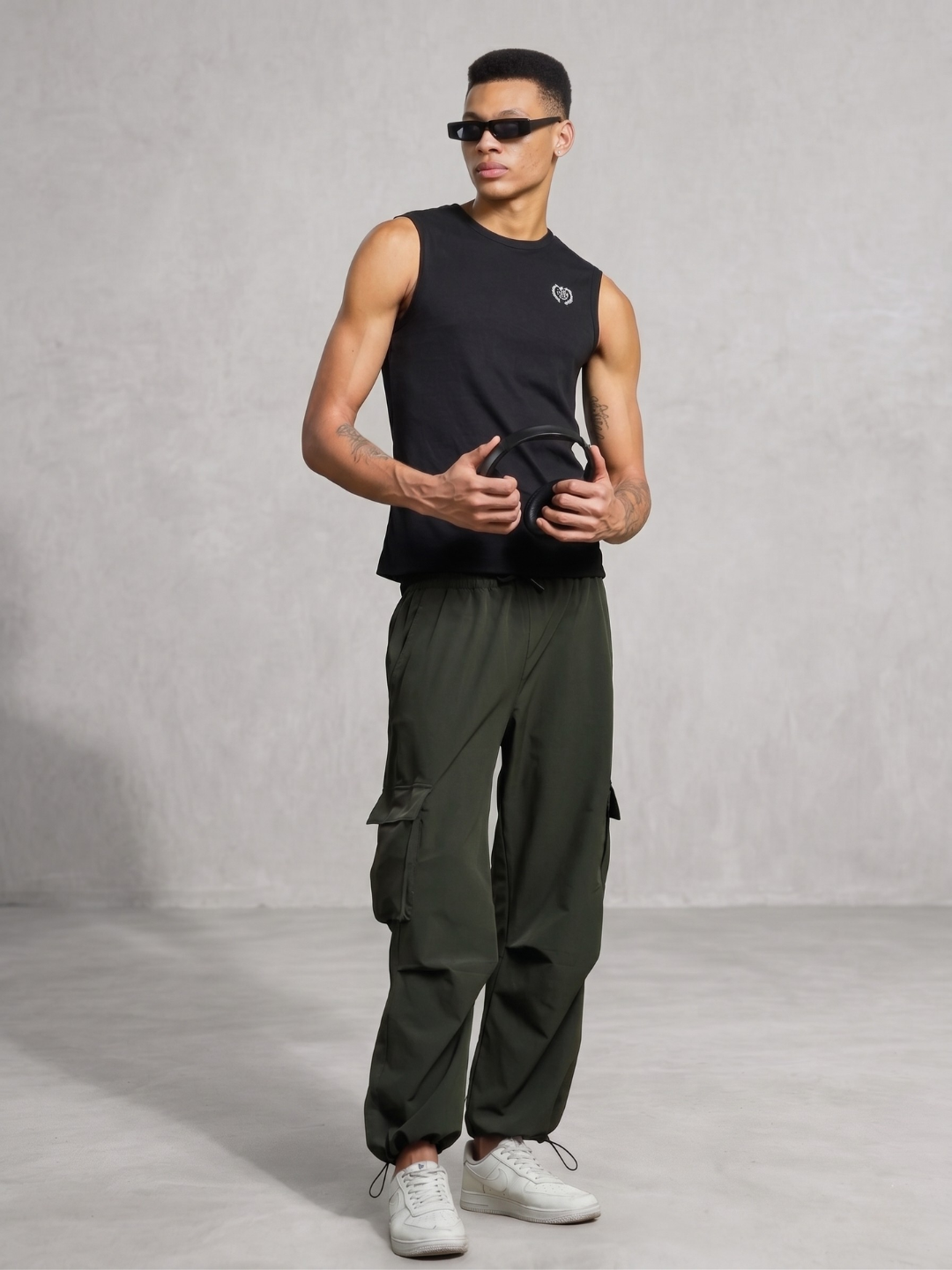 Olive Baggy Fit  Parachute Cargo Trousers