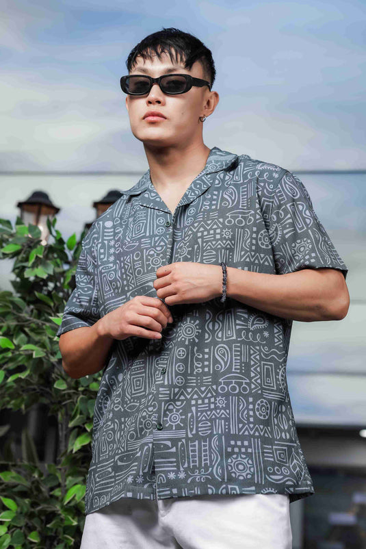 Abstract Tribal Print Cuban Collar Relaxed Fit Resort Shirt