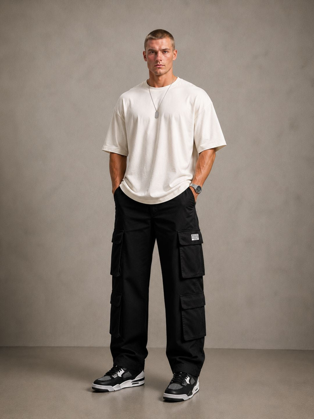 Black Baggy Fit Streetwear Style 8 Pocket Pure Cotton Cargo Trousers